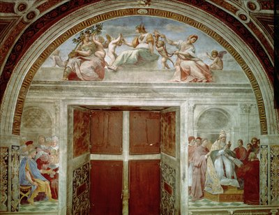 The Judicial Virtues: Pope Gregory IX approving the Vatical Decretals; Justinian handing the Pandects to Trebonianus by Raffaello Sanzio Raphael